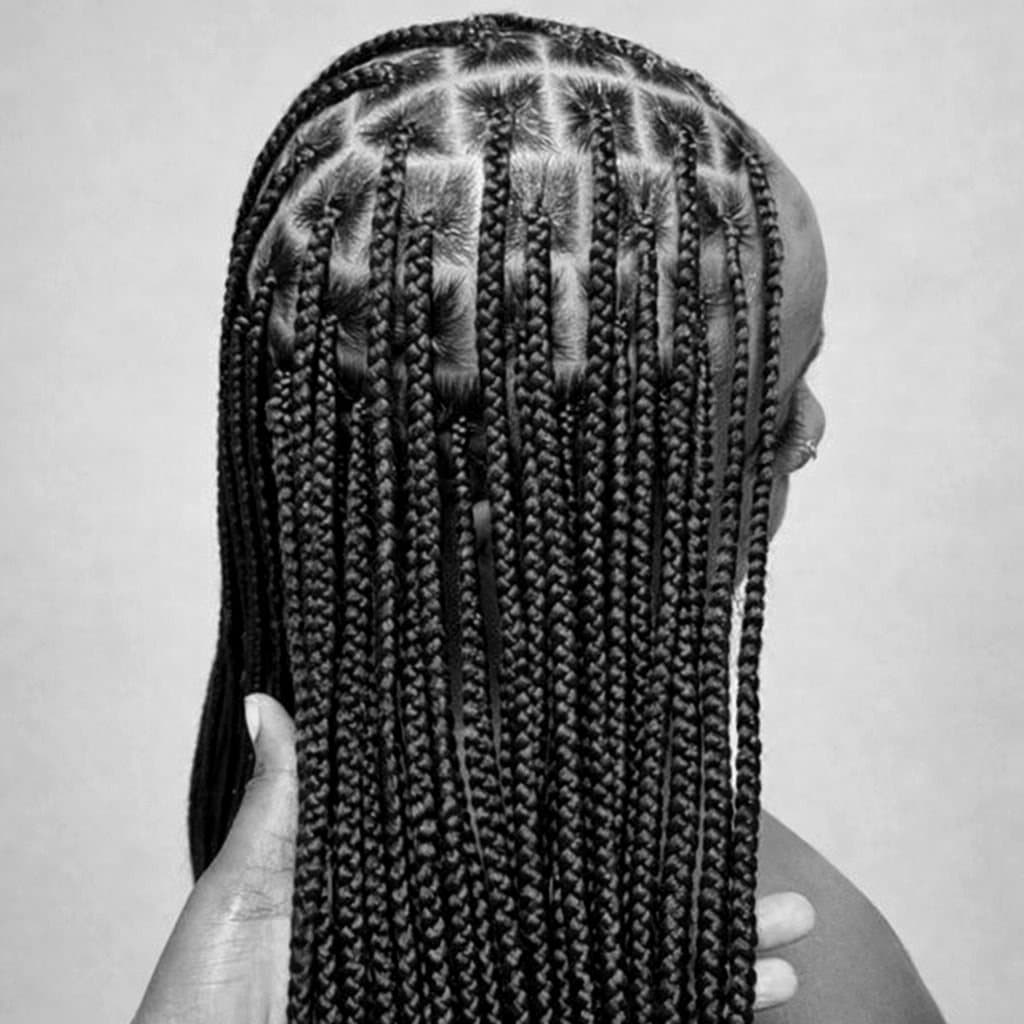 Knotless braids longues vues de dos pendant la pose