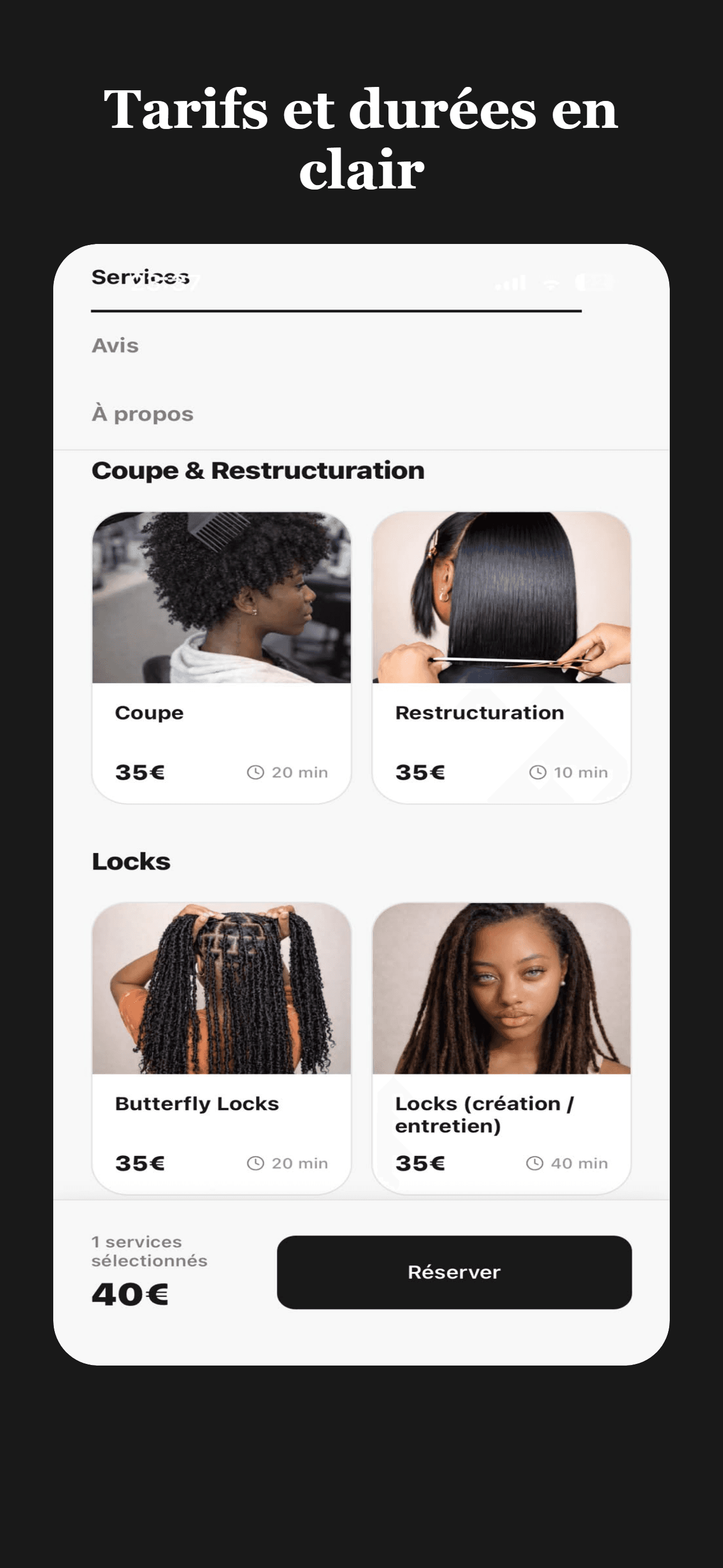Liste des prestations avec tarifs et durées